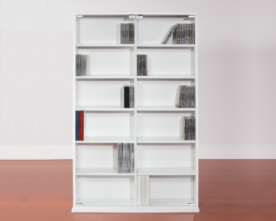 glass-door media shelving unit